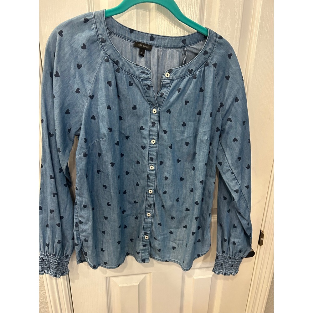 Talbots Button Down Blouse Blue Heartโ Print Chambray Smocked Cuff Cotton Top